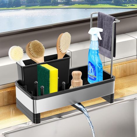 Range Eponge Evier Cuisine Organisateur d'évier en avec bac d'écoulement Automatique Porte éponge et Liquide Vaisselle Support pour Brosse, Noir (1/5)
