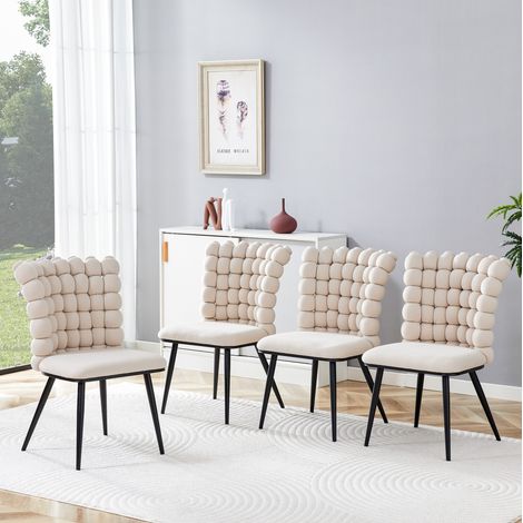 Sedia da pranzo in velluto crema off white con gambe in metallo nero, stile moderno, comoda e stabile,54×48×88cm (1/5)