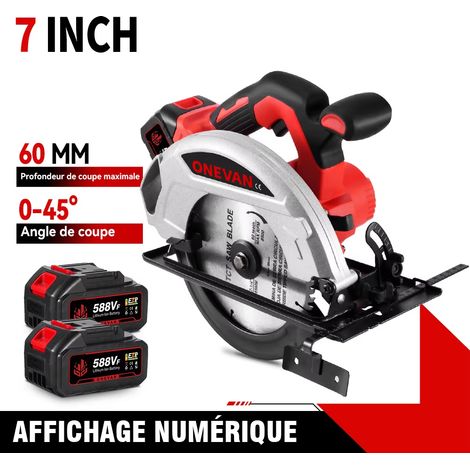 Scie Circulaire Sans Fil 7 Pouces 185 mm Moteur Sans Balais Affichage Numérique Compatible Makita 18V avec 2 Batteries Outil de Coupe Bois (1/5)