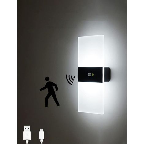 Applique murale à capteur LED, chargement USB, sans fil, veilleuse sans fil avec détecteur de mouvement s'allume/s'éteint automatiquement, pour chambre à coucher, salon, noir, 6000K (1/4)