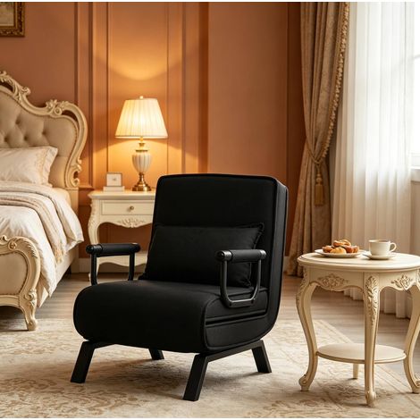 Sillón cama 3 en 1 de lino y metal con respaldo ajustable en 5 posiciones, negro (1/5)