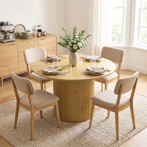 Table de salle à manger ronde moderne pour 4 à 6 personnes, table de cuisine de 110 cm avec piètement cylindrique rainuré, chêne (1/5)