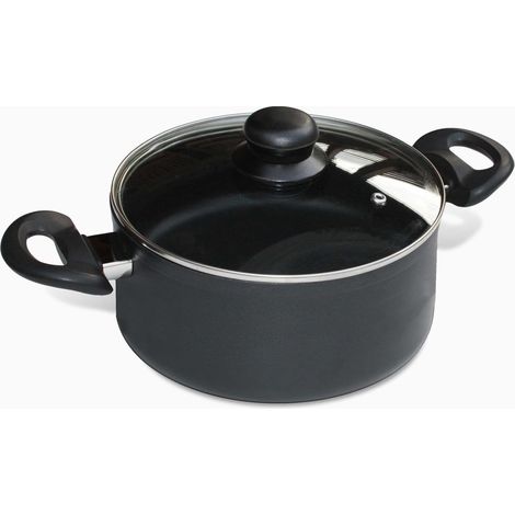 Faitout 24 cm EASY en aluminium forgé avec couvercle en verre, intérieur revêtement anti-adhérent, extérieur noir, manche bakélite avec cache inox, compatible tous feux et induction (1/5)
