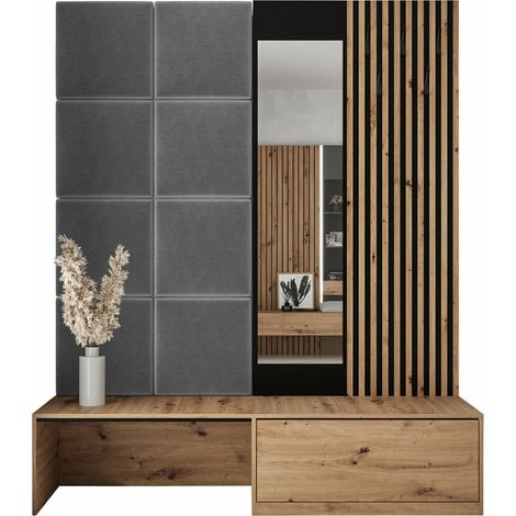 Conjunto para recibidor Fabor, Roble Artisan + Manila 16, 205x172x42cm, Espejo, Aglomerado laminado, Tapiz, Colocada