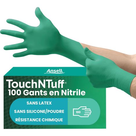 Gants jetables pour travaux lourds, Gants nitrile contact alimentaire, Gants de protection chimique et mécanique, Sans latex, Boîte de 100 gants en nitrile verts, Taille XS (1/5)