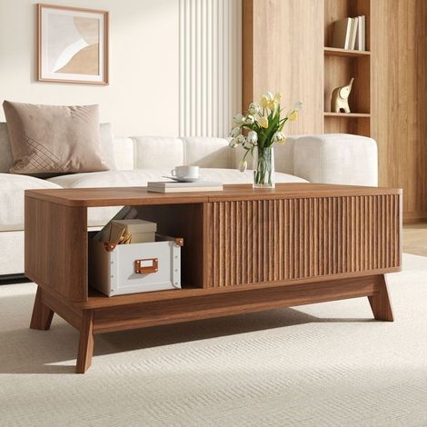 Table basse, design ondulé moderne MDF table basse salon, plateau relevable, compartiment latéral ouvert (1/5)