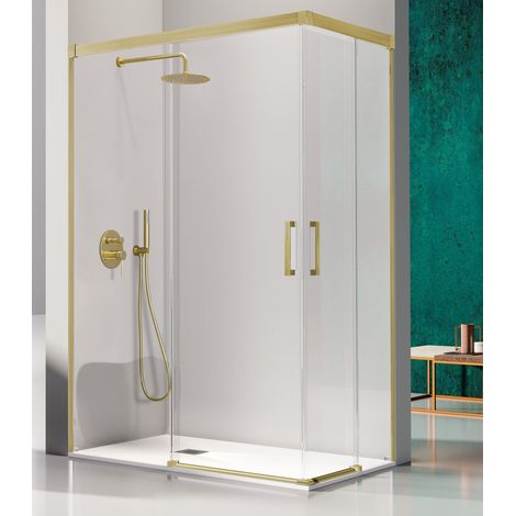 KASSANDRA GLASÉ Angular Ducha 2 Fijos + 2 Hojas Corredera 6 mm Oro Cepillado Transparente - Medida: 120x80 cm - ref: GS6073616S200120+GS6073616S200080 (1/2)