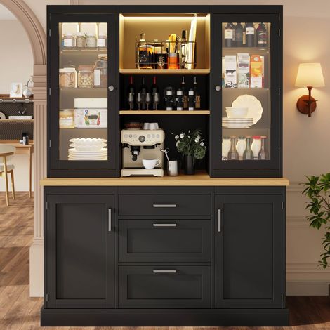 Buffet 140 × 40 × 185 cm éclairage LED application 3 tiroirs plan travail étagères réglables t noir blanc vert (1/5)