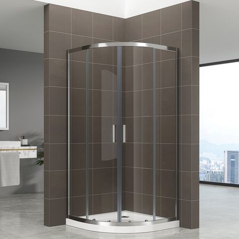Saniverre – Cabine de douche coulissante 1/4 de cercle H 190 cm – Verre de sécurité 6 mm – Receveur 80 x 80 cm inclus – Roulettes en alliage de zinc