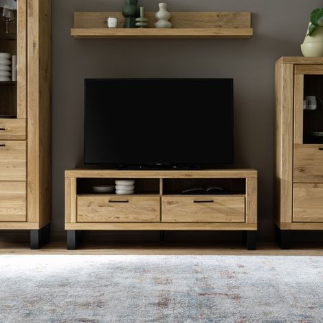 Meuble TV 2 tiroirs 2 niches 138x45x57cm en chêne - GROMPO