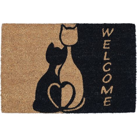 Paillasson Coco, 60x40 cm, avec Chats et Inscription Welcome, caoutchouté, intérieur, extérieur, Nature/Noir (1/5)