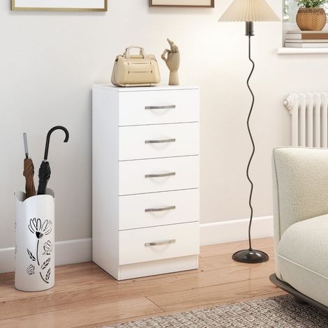 Cassettiera con 5 Cassetti e Maniglie Argentate, Contenitore per Camera, Soggiorno o Ingresso, in Legno Bianco, 40 × 35 × 85 cm (1/5)