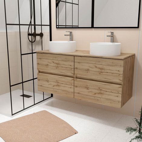 meuble salle de bains 120cm 4 tiroirs chêne naturel - 2 vasques rondes 36cm en céramique blanche