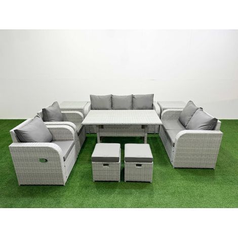 Fimous PE Rattan Garden Furniture Set Reclining Chair Sofa Double Love Seat 2 Seater Sofa Lounge Set Rectangular Dining Table 2 Stools 2 Side Table Light Grey (1/4)
