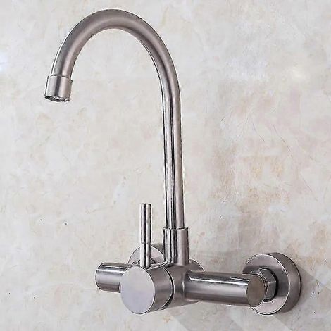 Robinet d'évier de cuisine en acier inoxydable 304 à deux trous, pivotant, pour eau chaude et froide, montage mural.-AquaForge (1/5)