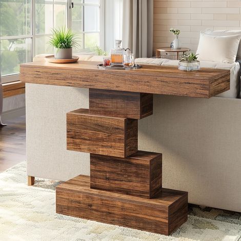 Konsolentisch, Eingangstisch, 108 × 30 × 80 cm, geometrisches Gestell, Holzmaserung, braun