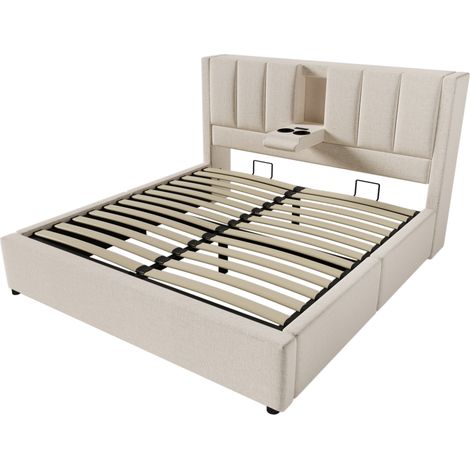 Polster-Doppelbett 160x200 cm Leinen Beige mit Matratze, Stauraum, USB und Type-C (1/5)