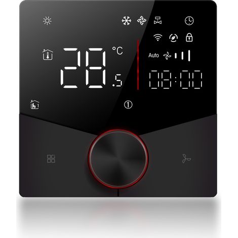 Ortviai Thermostat mural tactile pour climatisation 2 tubes BAC-009AL, affichage numérique, programmation 5+2, noir (1/5)