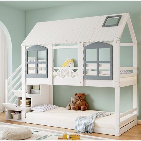 Lit superposé enfant 90 x 200 cm avec escalier de rangement 3 placards, barrières de sécurité,blanc gris en pin et MDF (1/5)
