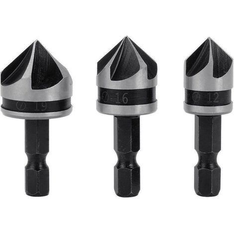 Stück 1/4"-Sechskant-HCS-Fasenbohrer mit 5 Schneiden zum Anfasen und Senken von Holz und Metall (12 mm/16 mm/19 mm). (1/5)
