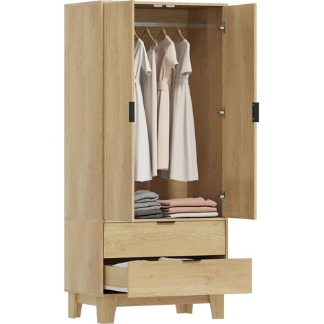 Armoire chambre penderie avec 2 portes à fermeture douce, 2 tiroirs et barre de suspension, 80x50x180cm, bois naturel