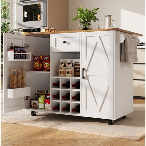 Meuble de cuisine îlot avec plan de travail extensible, blanc, MDF et métal HAVRYA (1/5)
