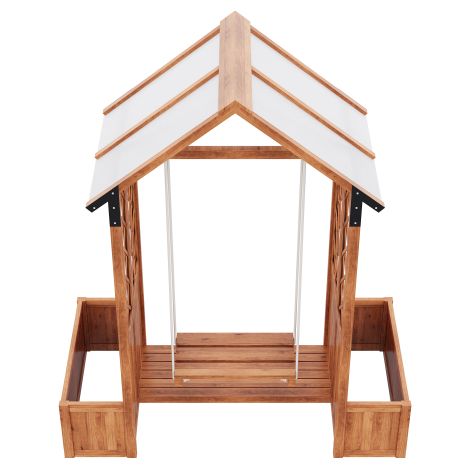 Balancelle de jardin en bois massif – Modèle avec jardinière et treillis pour plantes grimpantes, toit en polycarbonate, marron – Détente et verdure intégrées pour terrasse (1/5)