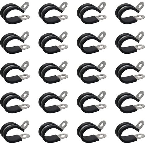 CCYKXA Lot de 20 colliers de serrage 8 mm en acier inoxydable avec insert en caoutchouc - Colliers de serrage pour tuyau articulé - Clip P - Set de colliers de serrage - Noir (1/5)