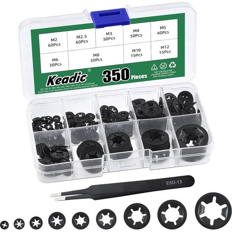 Lot de 350 rondelles à dents intérieures M2 M2.5 M3 M4 M5 M6 M8 M10 M12 en acier noir finition oxyde Push sur disque Star Lock avec clips de fixation pour voiture (1/5)