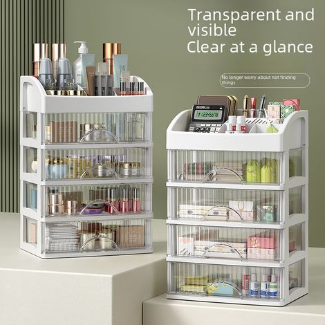 Armoire de rangement de bureau avec tiroir compartimenté pour bijoux et cosmétiques, transparente et séparée (Blanc nacré) (1/5)