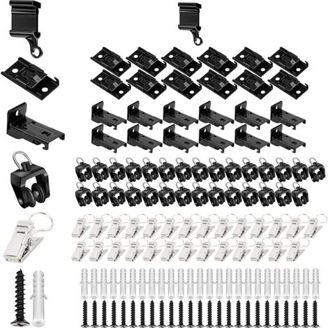 Accessoires pour Rail Rideaux Plafond, Rouleaux de Rail, Caches d'Extrémité, Crochets de Rideaux Metal, Supports de Montage pour Rails à Rideaux, Noir (1/5)