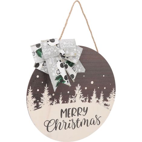 Décoration de Noël ronde en bois à suspendre à la porte d'entrée, avec un nœud en lin, pour l'intérieur et l'extérieur. (1/5)