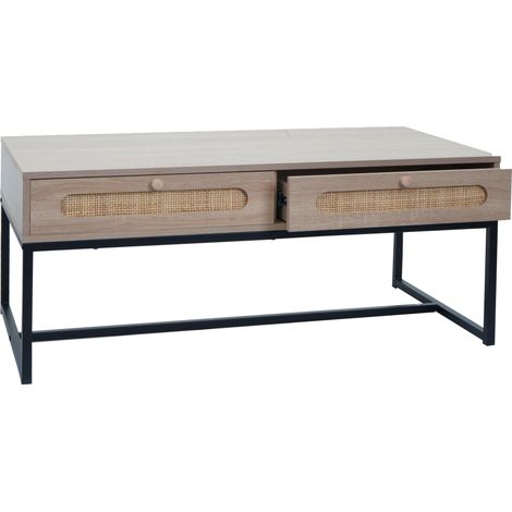 Mesa de centro mesa auxiliar con dos cajones ratán kubu madera melamina aspecto roble 040008450