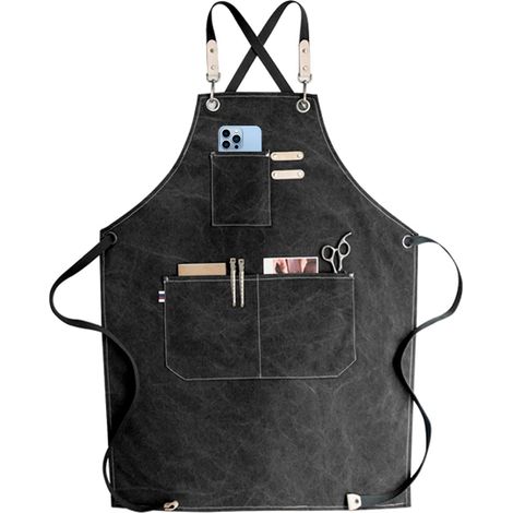Tablier de chef, tablier réglable en toile de coton imperméable, poches multiples, salopette Barista peinte noire (1/2)