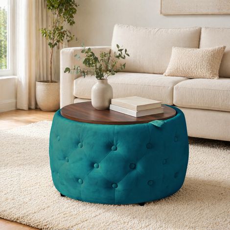 Set di 2 pouf contenitore rotondi 60x60x38 cm in velluto blu, salvaspazio per soggiorno FloraGrace (1/5)