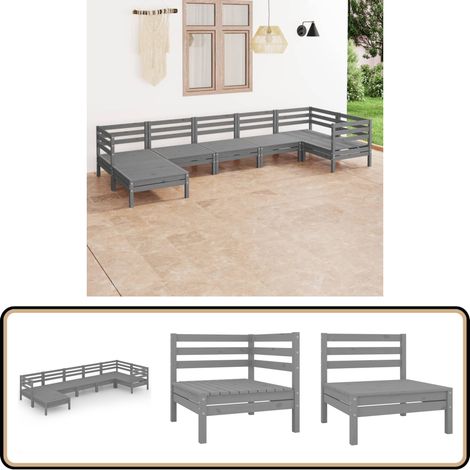 Salon de jardin 7 pcs Bois de pin massif Gris - Salon De Jardin - Ensemble De Salon De Jardin - Fauteuil De Jardin - Table Basse - Bois De Pin