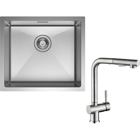 Edelstahlspüle 50 x 44 cm Küchenspüle Unterbauspüle mit 1 Becken Gebürstete + Küchenarmatur mit 2 Strahlarten Gebürstete ausziehbare Spültischarmatur, Höhe 312 mm