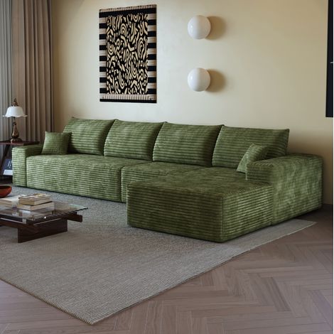 Canapé modulable 340 cm vert en tissu côtelé, sans montage et avec chaise longue réversible (1/5)