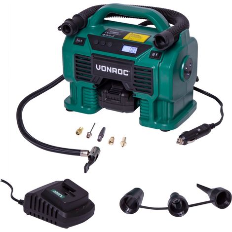 VONROC Compresseur à batterie 20V et prise allume-cigare 12V VPower – 11 bar - 1 Batterie 2.0Ah, chargeur de batterie et 8 accessoires inclus