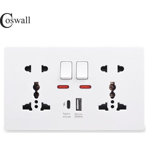 146PC 13A Switched Socket with Outboard Rockers and Dual USB (A+C) 5V,Multifunctional 5-hole Fast Charging Socket,White (1/3)