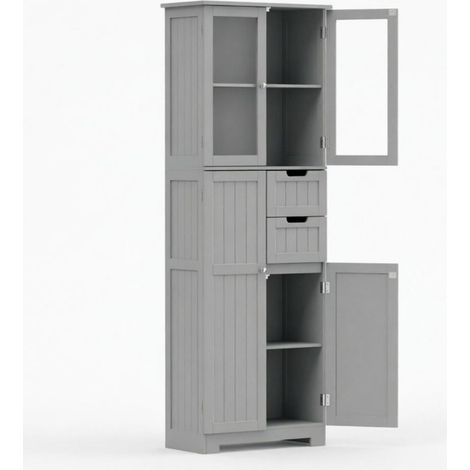 Grauer Badhochschrank mit 4 Türen, 2 Glastüren, 2 Schubladen, verstellbaren Einlegeböden (1/4)