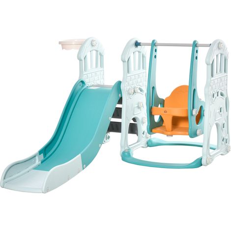 Toboggan 3-en-1 pour enfants avec balançoire réglable, panier de basket et balles, chambre et jardin, 149 x 186 x 98 cm, bleu et orange (1/5)