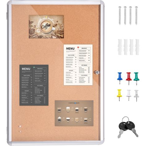 Tableau d'affichage en liège 36x24" avec cadre en aluminium, porte acrylique verrouillable et 2 clés, étanche pour école, maison, bureau. (1/5)