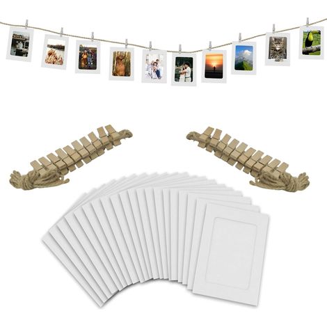 Lot de 20 cadres photo en papier blanc, 10,2 x 15,2 cm, avec ficelle et pinces pour bannière et déco. (1/4)