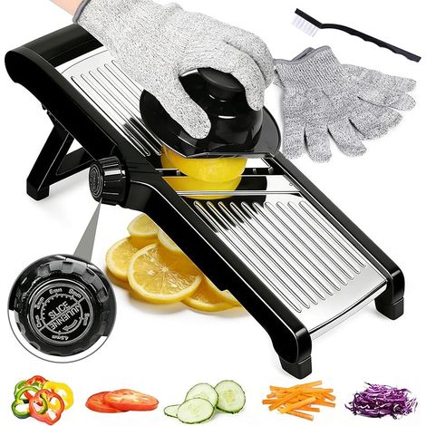 Mandoline Cuisine, Coupe Legume Multifonctions, Mandoline Réglable en Acier Inoxydable avec Protège Main et Gants de Sécurité, Découpeur de Légumes pour Fruits Légumes (1/5)