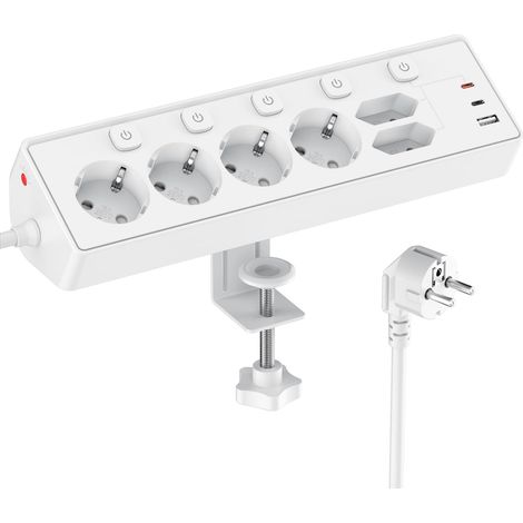 Multiprise avec Interrupteur Individuel, 9 en 1 multiprise Plate avec 4 Sortie AC, 2 EU Ports, 3 USB Ports, pour Le Bureau, Salon, Chambre à Coucher, Cuisine, Rallonge Electrique 2M,Blanc (1/5)
