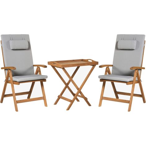 Set di 2 sedie con cuscini grigio chiaro e tavolino in legno di acacia Java