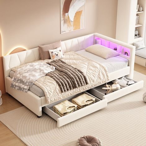 canapé-lit 90x200cm avec USB+Type C et barre lumineuse LED, avec compartiment de rangement et 2 tiroirs, (sans matelas), lin, beige (1/5)