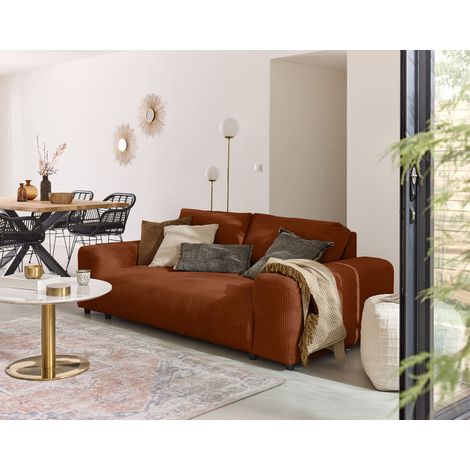 Lisa Design – Canapé droit 3 places en velours côtelé – Couleurs terracotta – Coussins déhoussables – Structure en bois massif