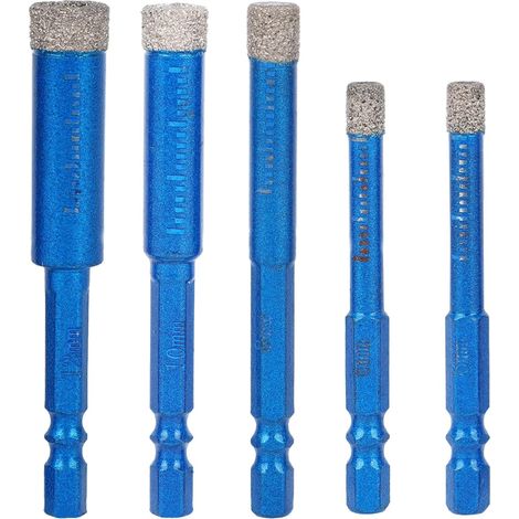 5pcs Ensemble de Forets Diamantés, Forets Diamantés Bleus 1/4" 5/6" 3/8" 1/2" Scies Cloches Diamantées Tige Hexagonale 1/4" pour Carreaux Céramique Verre Granit Marbre Brique et Pierre (1/5)